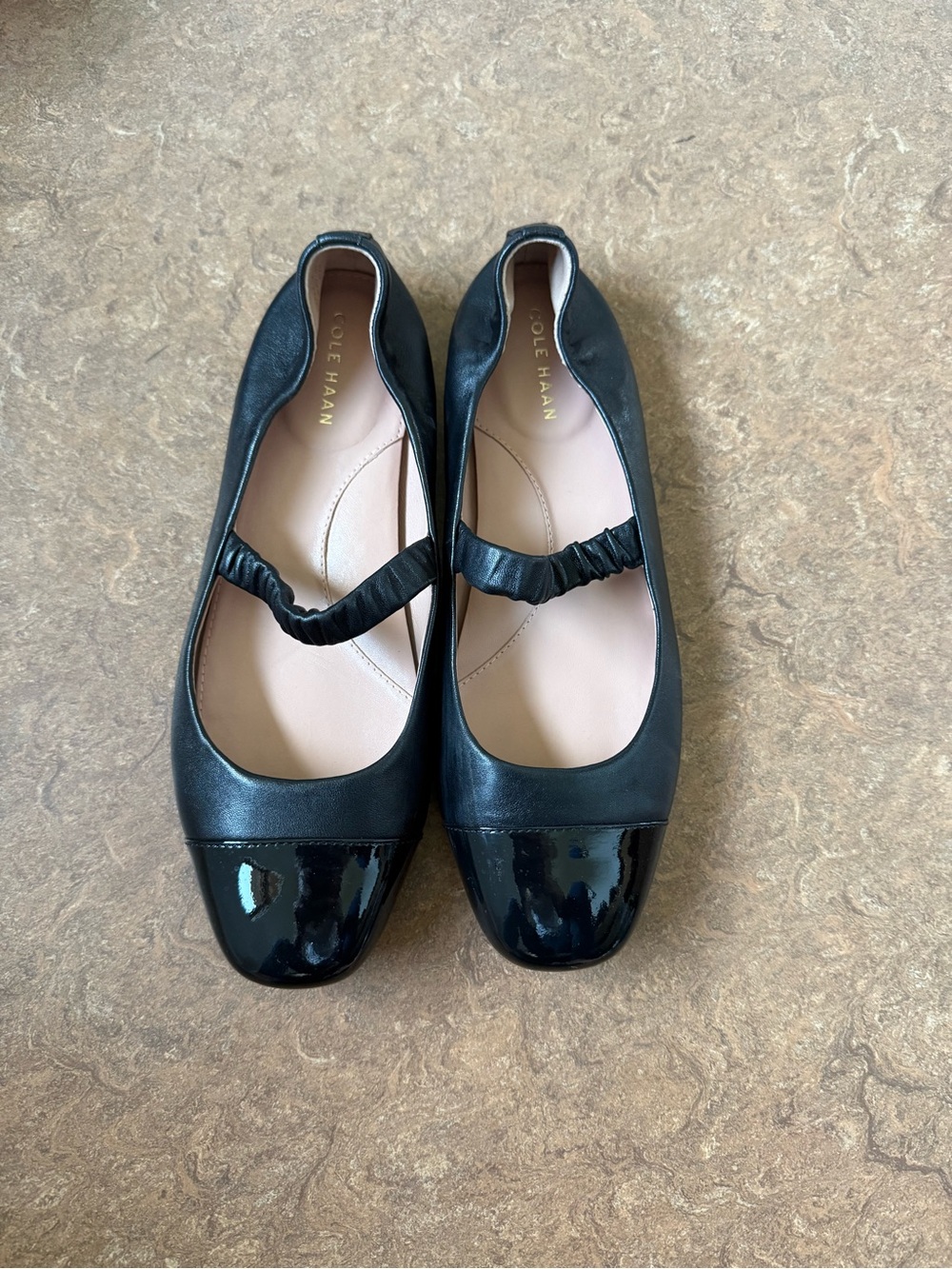Cole Haan Yvette Black Leather Mary Jane Ballet Flats with Patent Cap Toe